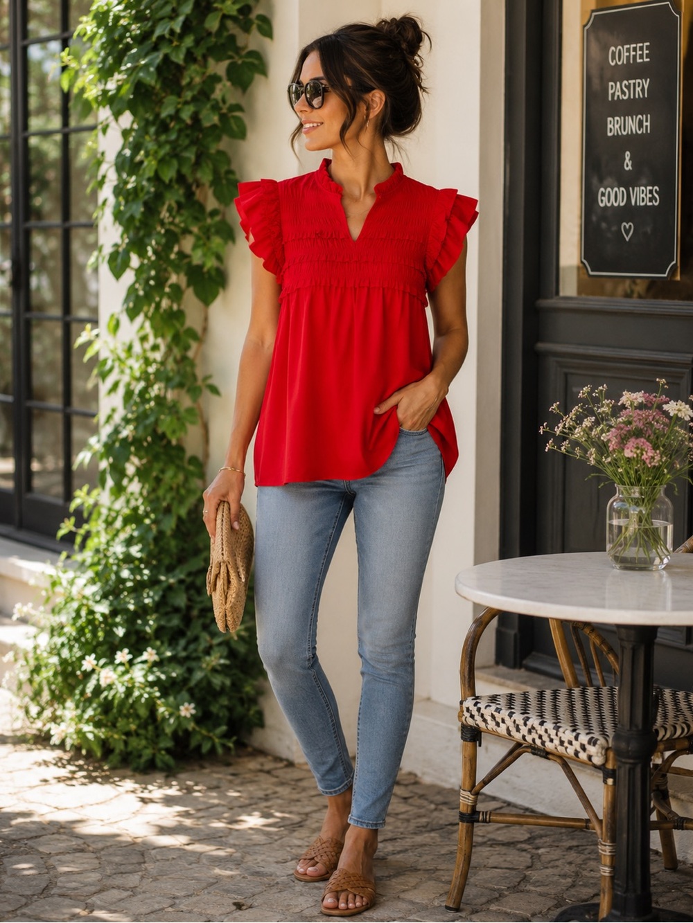 Marc New York Bright Red Ruffled Sleeve Smocked Yoke Top